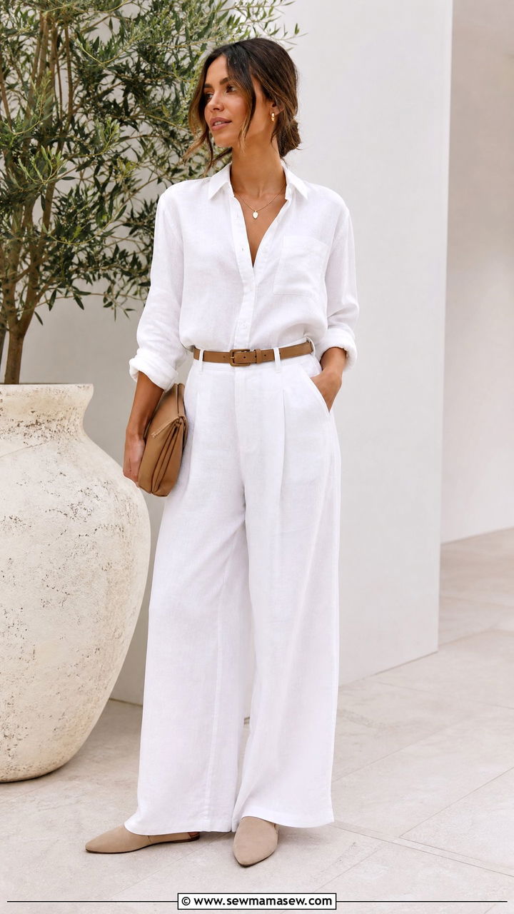 Neutral Mules with All White Linen Set - 30 Summer outfits with mules