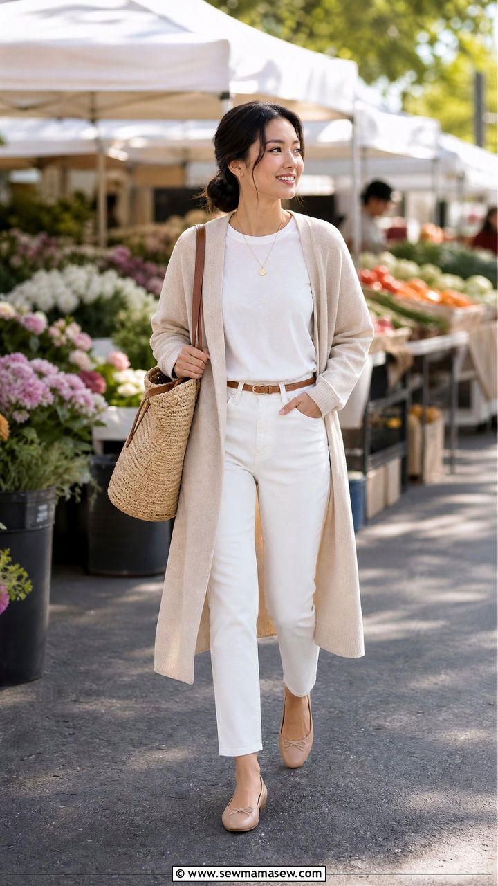 Neutral Open Cardigan with White Tee and White Jeans - 30 Clean girl outfits for petite women