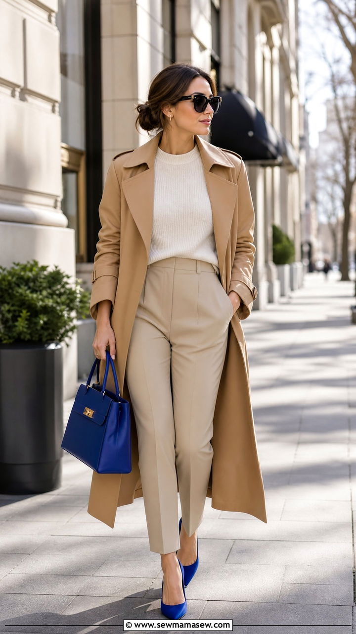 Neutral Outfit With Cobalt Blue Handbag And Shoes - 30 Cobalt blue outfit ideas