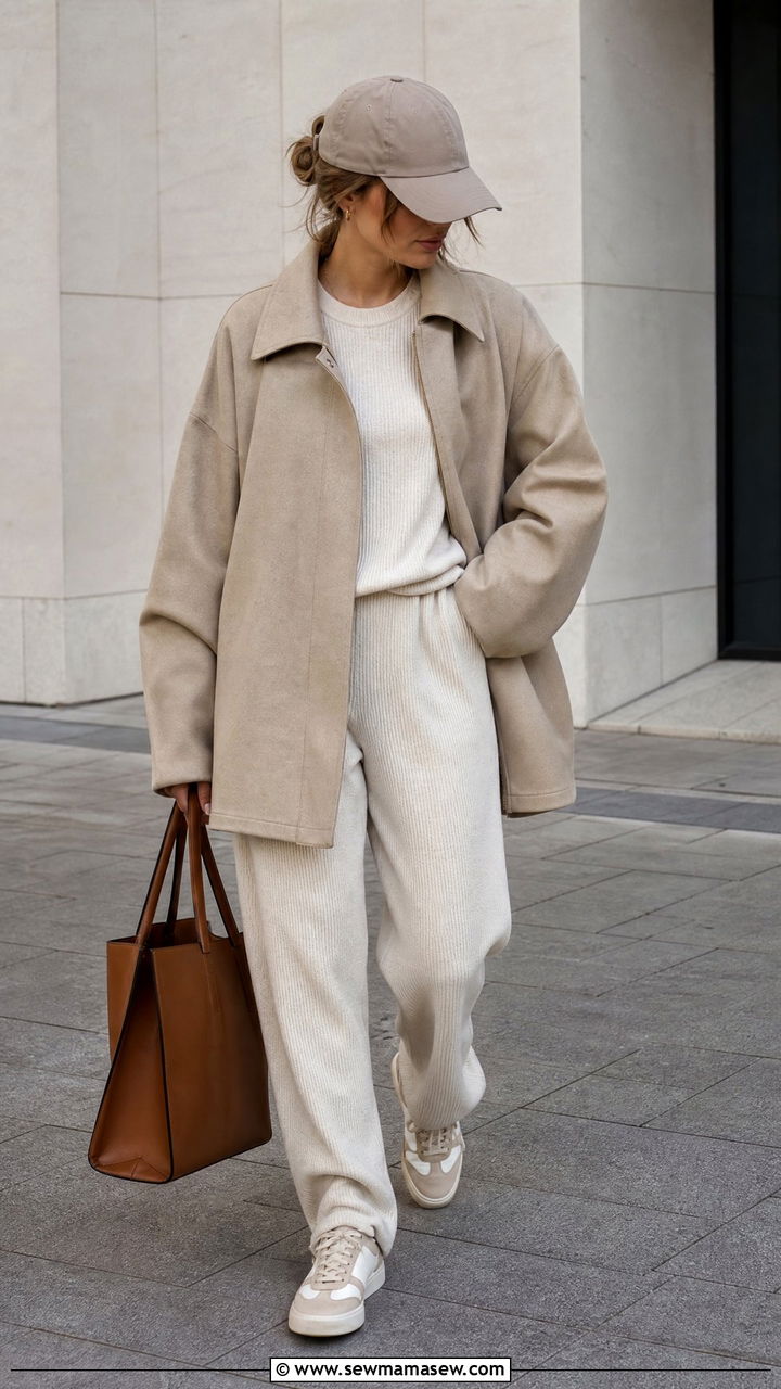 Neutral Oversized Jacket With Knit Lounge Set and Retro Sneakers - 40 summer to fall outfits