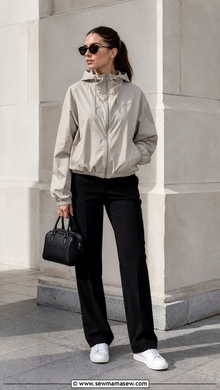 Neutral Oversized Windbreaker Outfit With Mom Jeans and White Sneakers - 30 cute windbreaker outfits