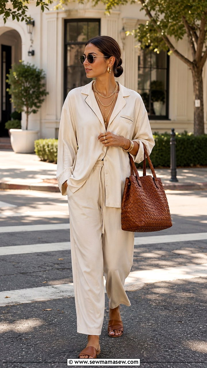 Neutral Pajama Set With Gold Accessories - 30 Spring pajama outfit ideas