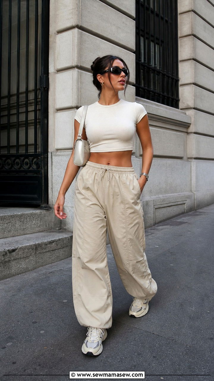 Neutral Parachute Pants With Crop Top And Chunky Sneakers - 40 spring neutral outfit ideas