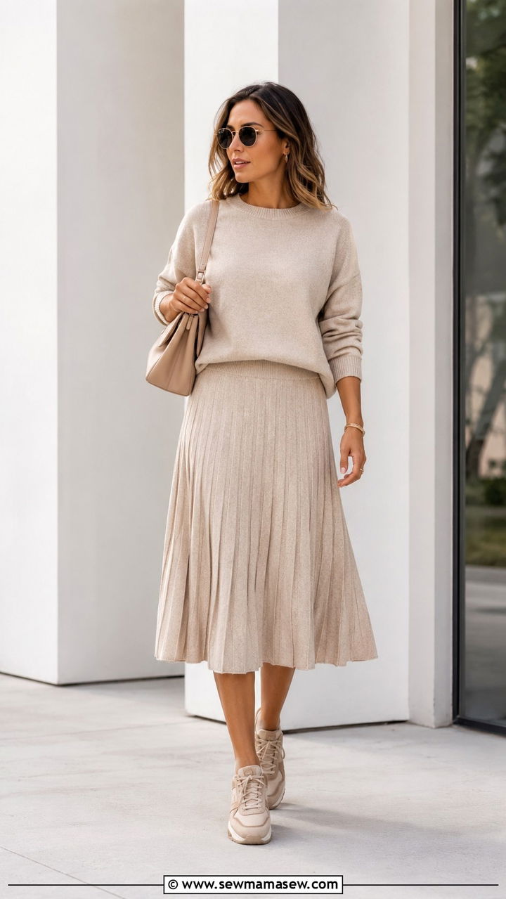 Neutral Pleated Midi Skirt With Sneakers And Matching Knit Set - 30 Pleated midi skirt outfit ideas with sneakers