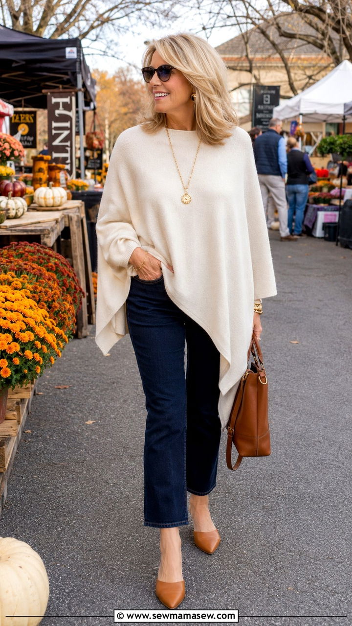 Neutral Poncho with Dark Denim and Pointed Toe Mules - 25 Weekend outfit ideas for women over 50