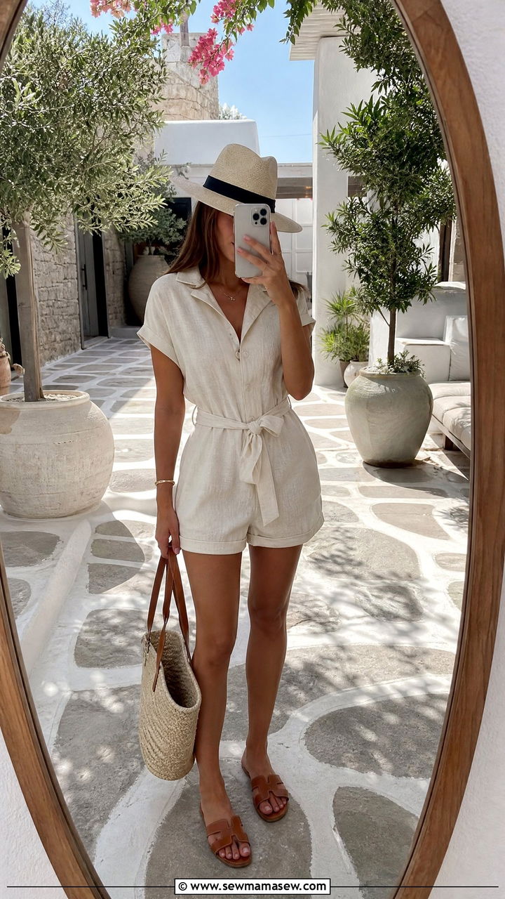 Neutral Romper With Straw Tote And Flat Sandals - 30 Mykonos vacation outfit ideas
