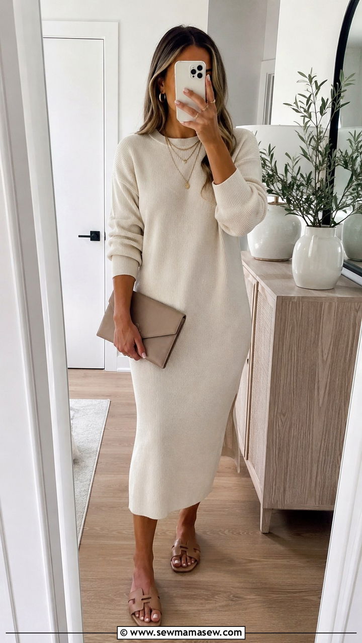 Neutral Sweater Dress With Layered Jewelry - 30 Sweater dress outfit ideas for summer