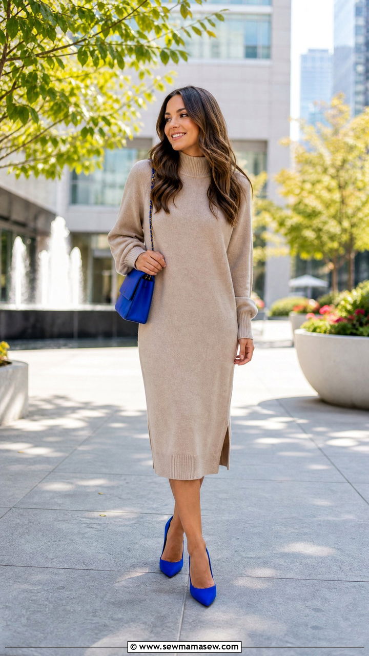 Neutral Sweater Dress With Pop Of Color - 35 How to style a sweater dress