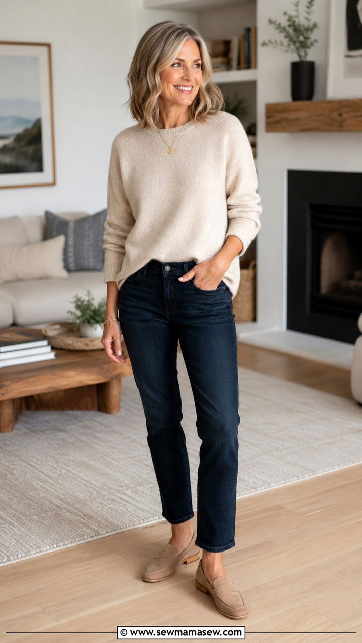 Neutral Sweater Jeans - 30 Cute outfits for women over 50