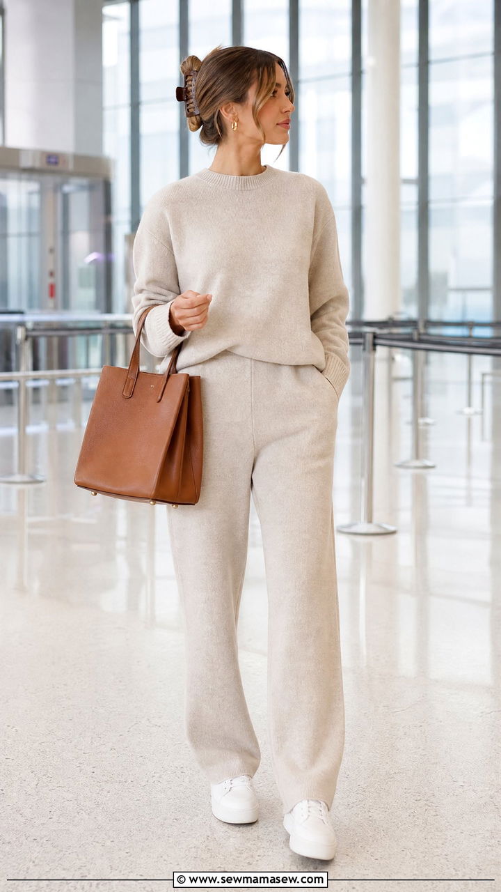 Neutral Sweater Set with Sneakers and a Structured Tote - 25 classy clean girl outfits