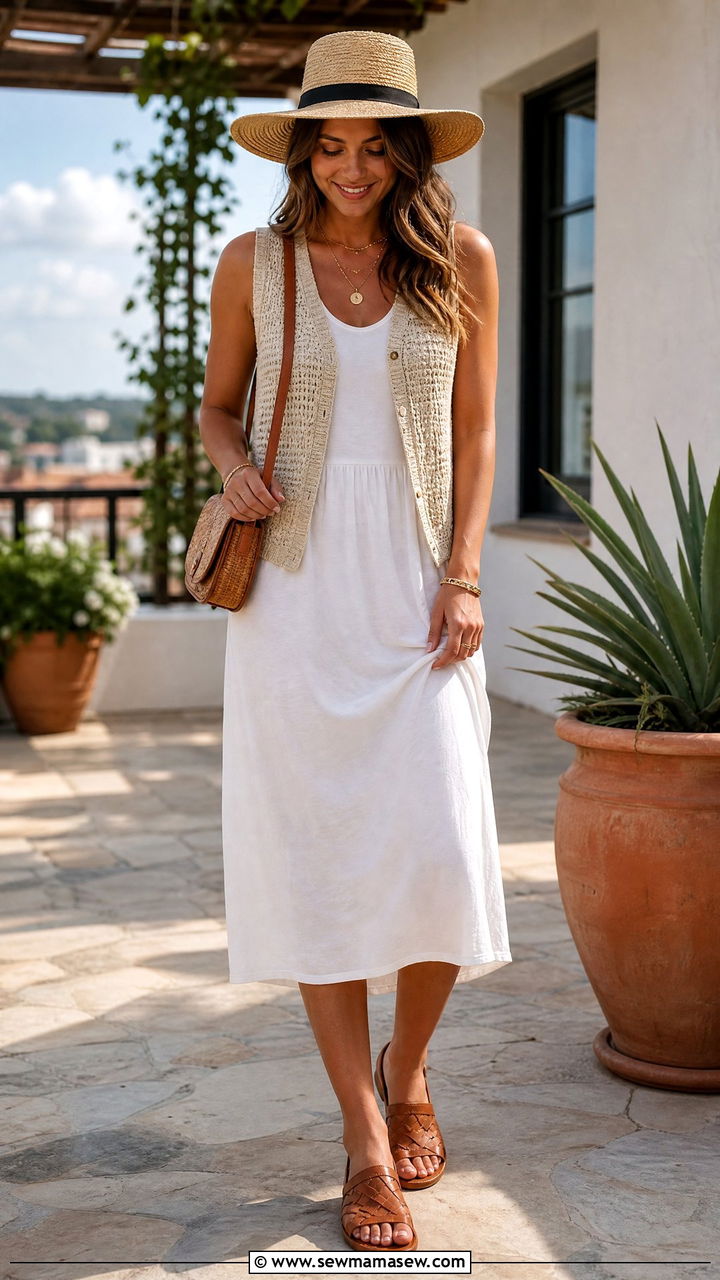 Neutral Sweater Vest Over Midi Dress - 25 Spring outfits with sweater vest