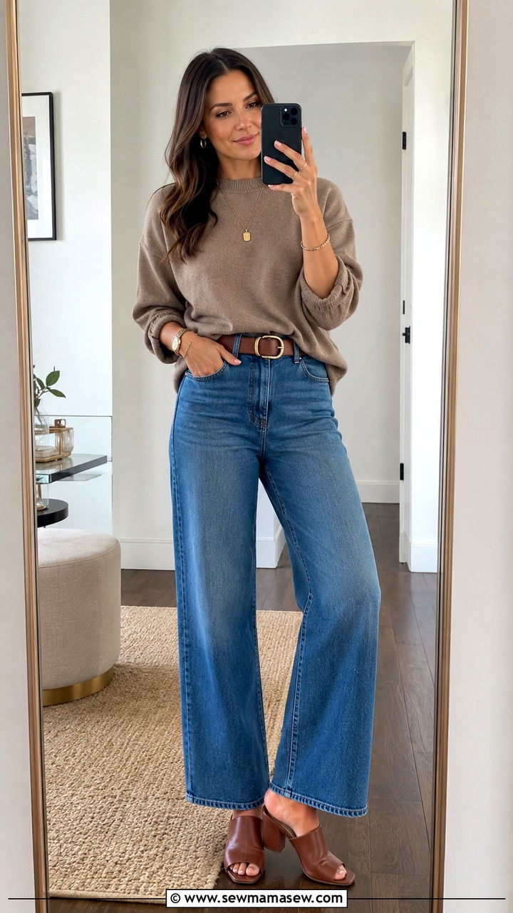 Neutral Sweater With High Waisted Jeans Statement Belt and Mules - 30 High waisted jeans outfit ideas with a sweater