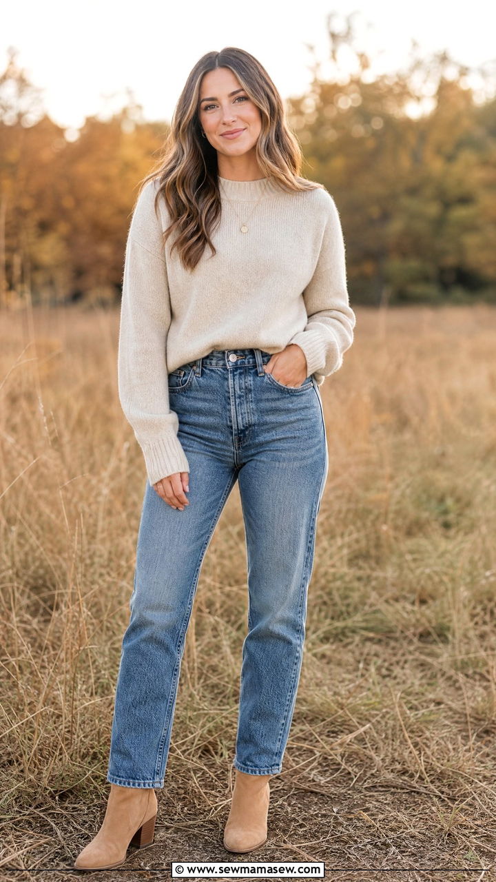 Neutral Sweater and Jeans - 30 family photo outfits for women