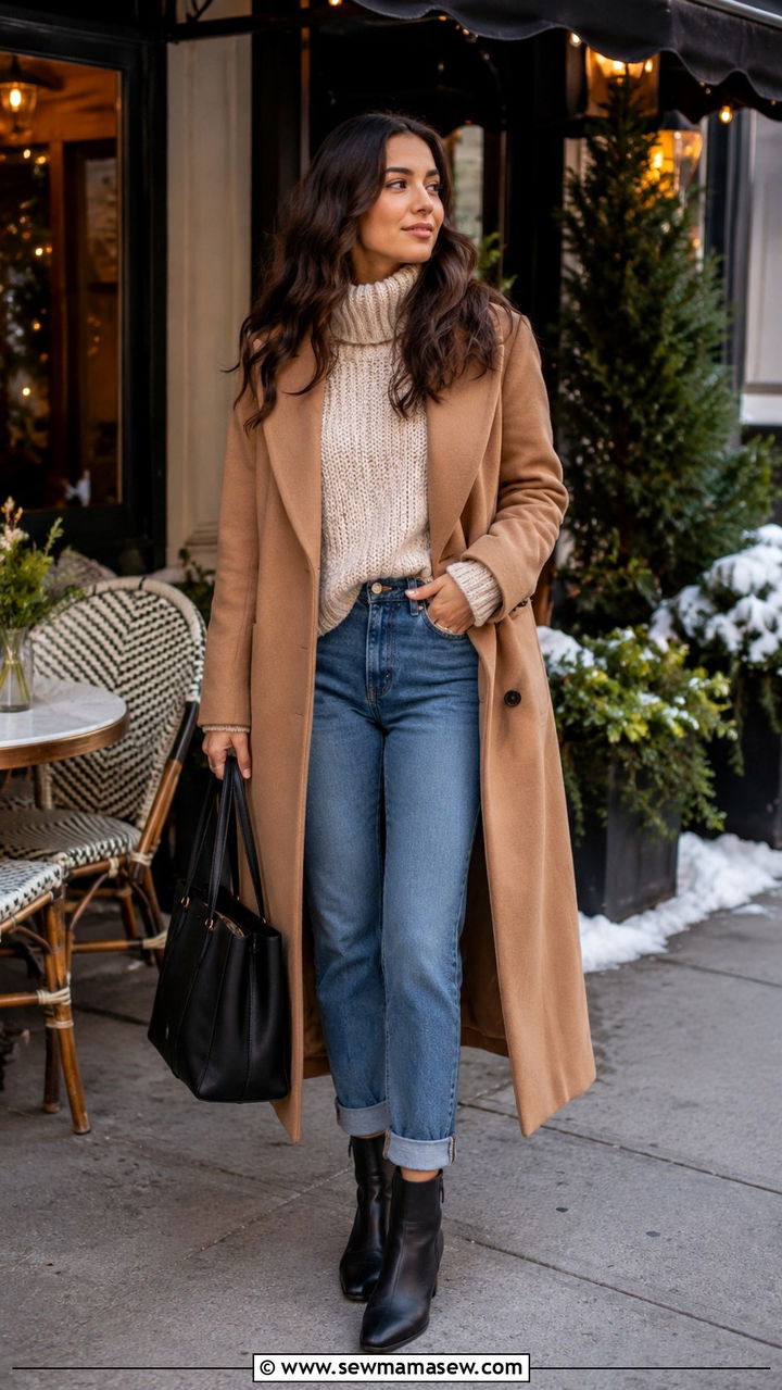 Neutral Sweater with Long Coat and Boots - 30 brunch outfits Pinterest