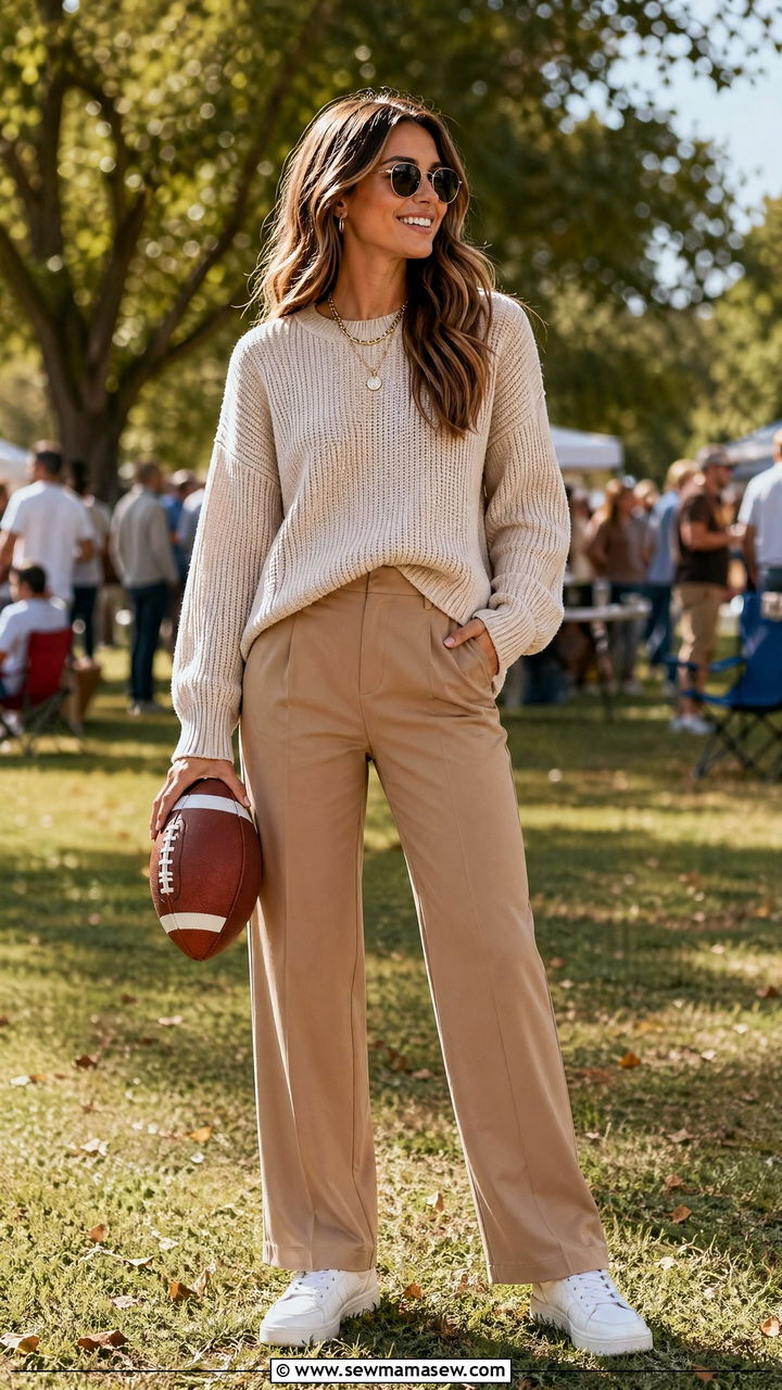 Neutral Sweater with Tan Trousers and White Sneakers - 35 Football game outfit ideas for women