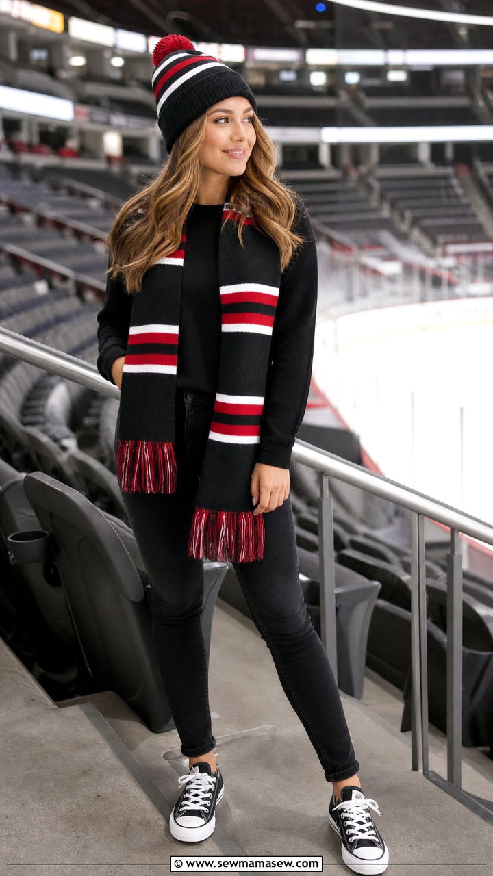 Neutral Sweater with Team Scarf and Beanie - 25 Hockey game outfit ideas