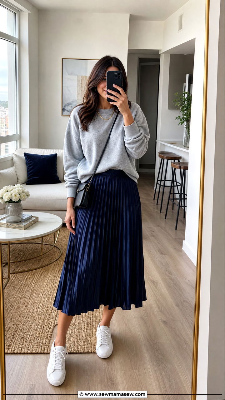 Neutral Sweatshirt with a Pleated Skirt - 20 Spring outfits for 60 degree weather