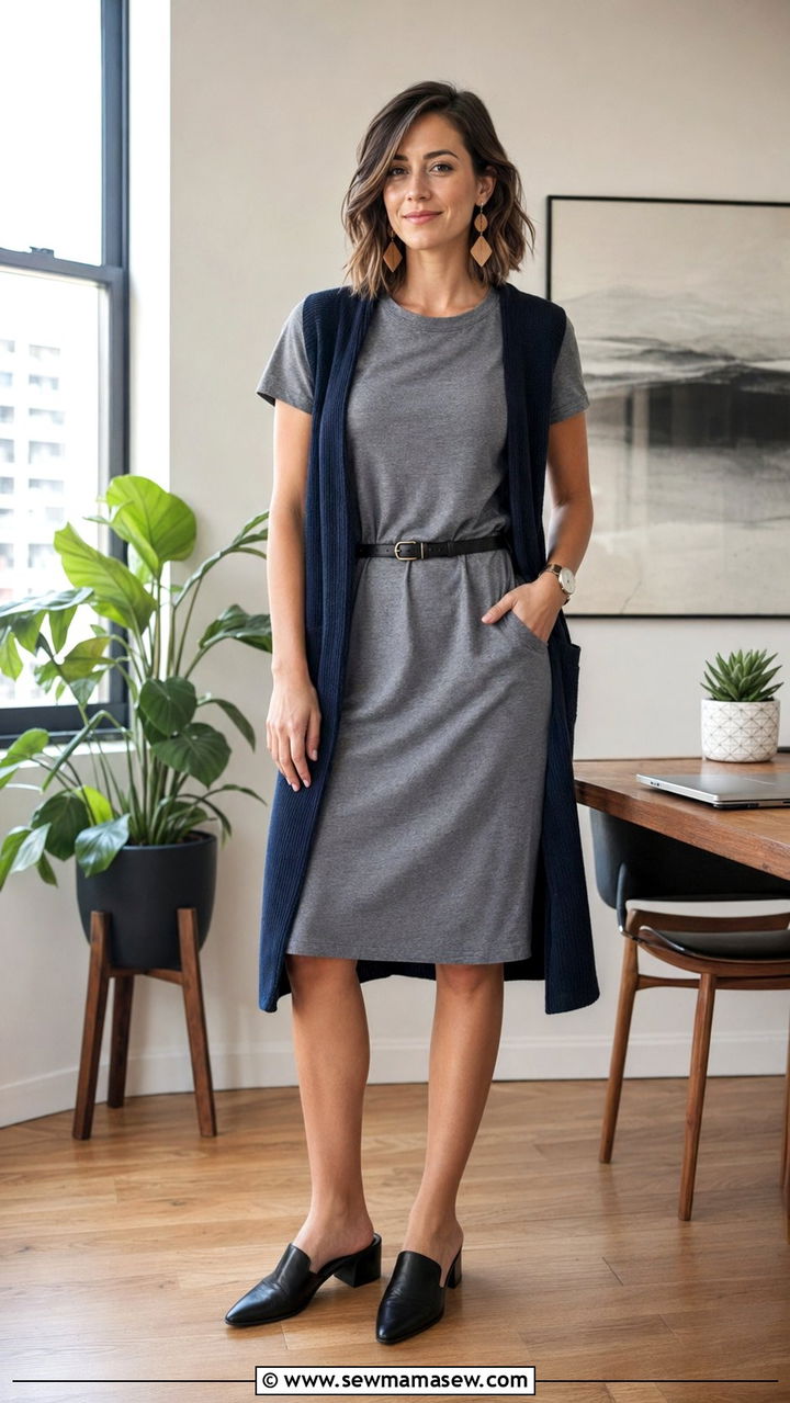 Neutral TShirt Dress And Longline Vest Outfit - 30 Zoom interview outfit ideas