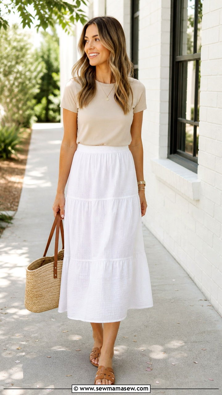 Neutral Tee With White Midi Skirt Outfit - 40 Spring teacher outfits