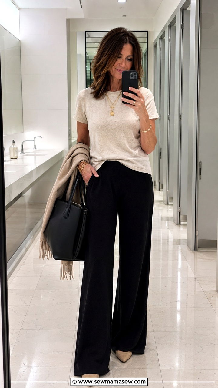 Neutral Tee with Wide Leg Pants and Layered Jewelry - 25 What to wear on a plane over 40