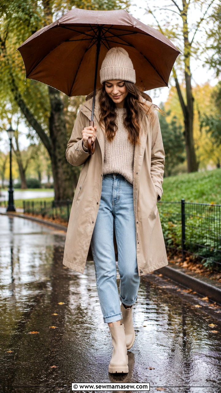 Neutral Tonal Layers with Chunky Rain Boots - 25 rainy day outfits aesthetic