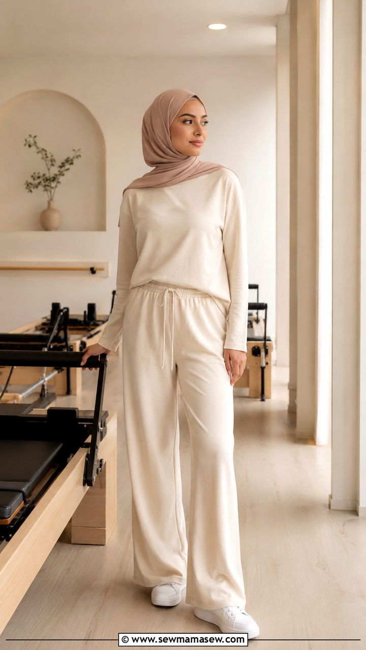 Neutral Tone Coordinated Set with Soft Scarf Hijab - 25 Modest gym outfit ideas with hijab