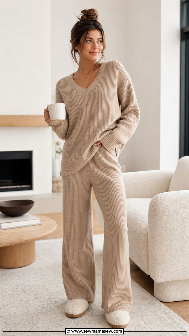 Neutral Tone Ribbed Knit Two Piece Lounge Set - 30 French girl loungewear outfit ideas