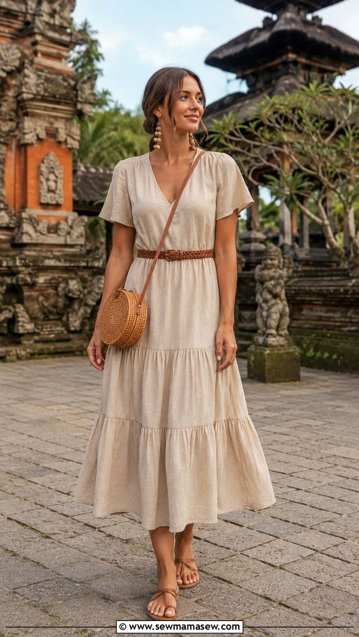 Neutral Tone Tiered Midi Dress With Woven Accessories - 25 Tropical vacation outfit ideas 2026