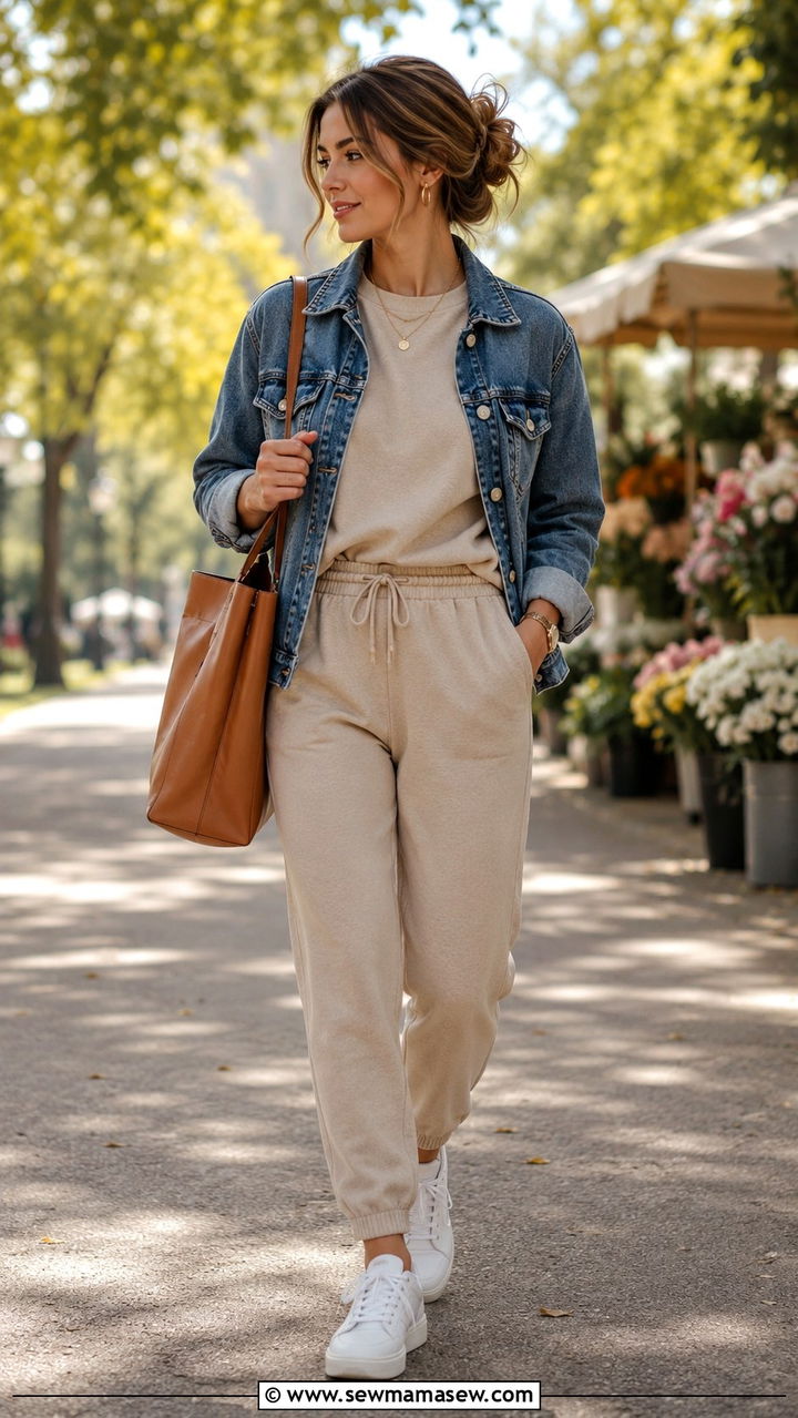 Neutral Tone Tracksuit With Denim Jacket - 30 Track suit matching set outfit ideas