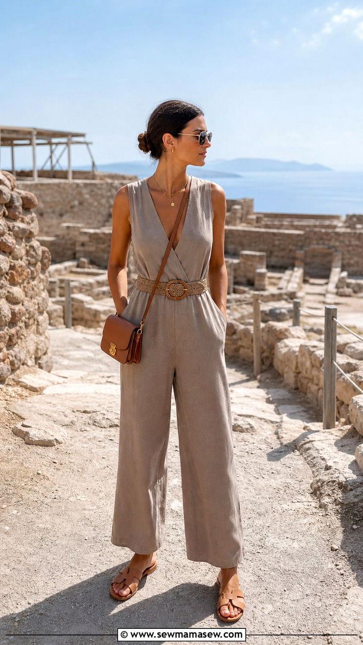 Neutral Toned Jumpsuit with Woven Belt - 40 What to wear in Santorini
