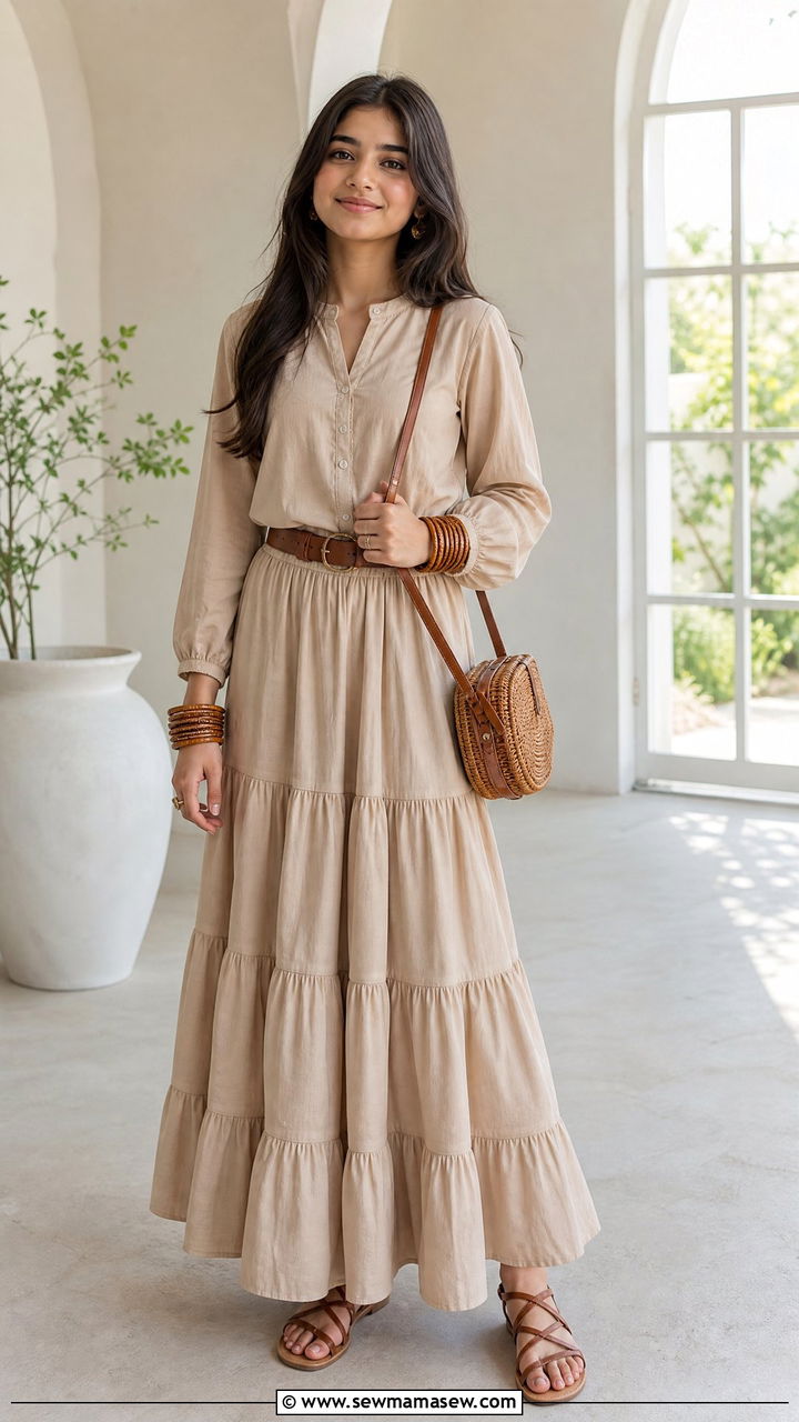 Neutral Toned Tiered Maxi Skirt with Blouse - 30 Eid outfit ideas for teens