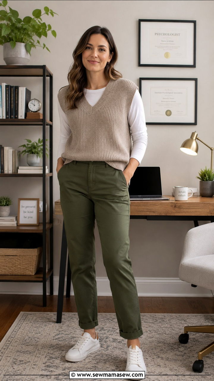 Neutral Tones With Vest Over Long Sleeve Tee - 20 Psychologist outfit ideas