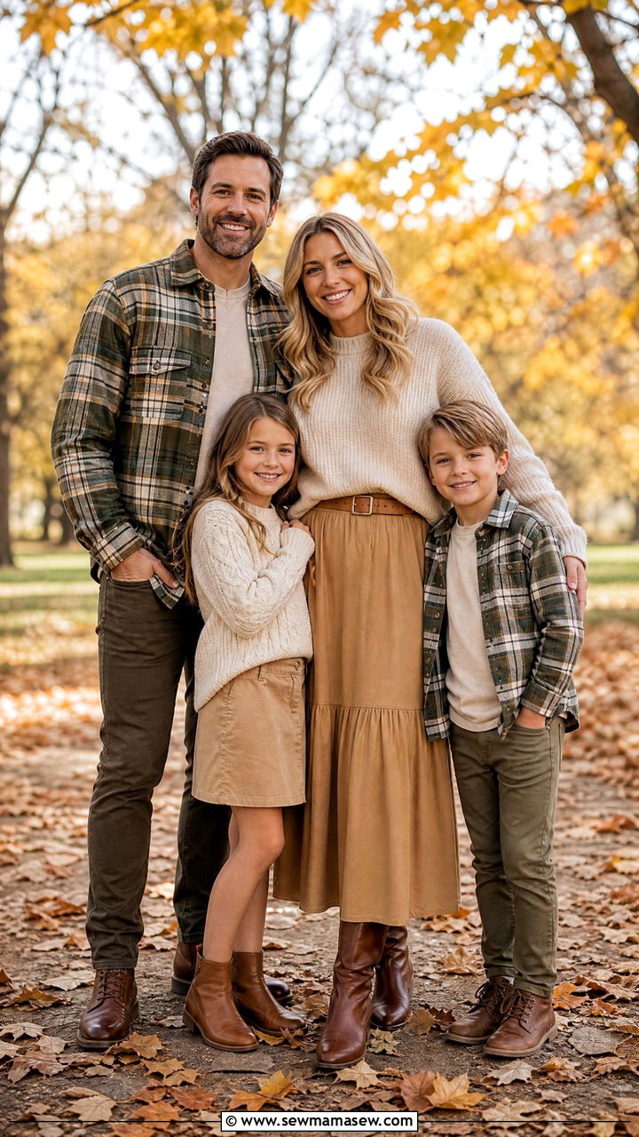 Neutral Tones with Plaid Accents for Fall Family Pictures - 30 Family photoshoot outfit ideas