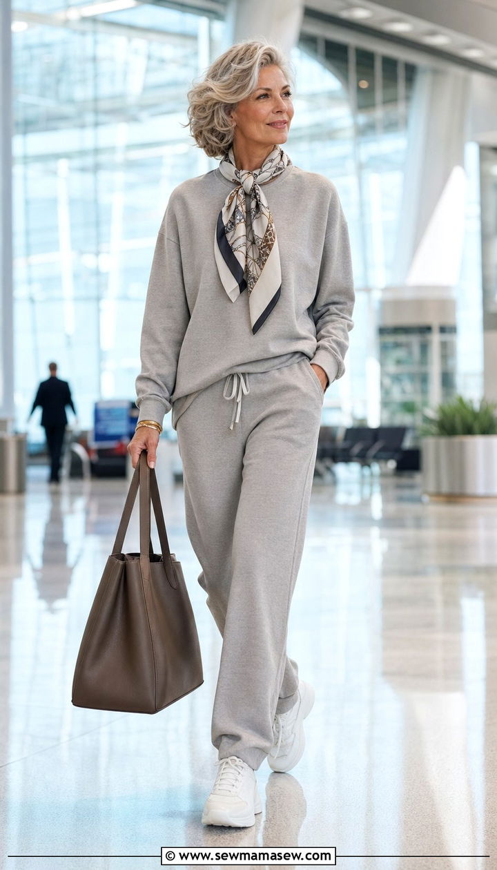 Neutral Tracksuit With Printed Scarf - 35 Airport outfit ideas for women over 50
