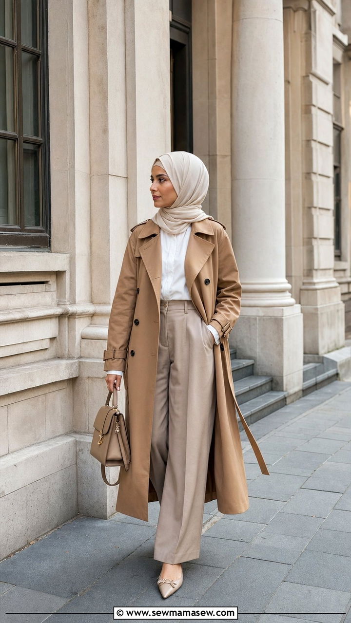 Neutral Trench Coat With Wide Leg Trousers Outfit - 25 spring outfits for hijab women