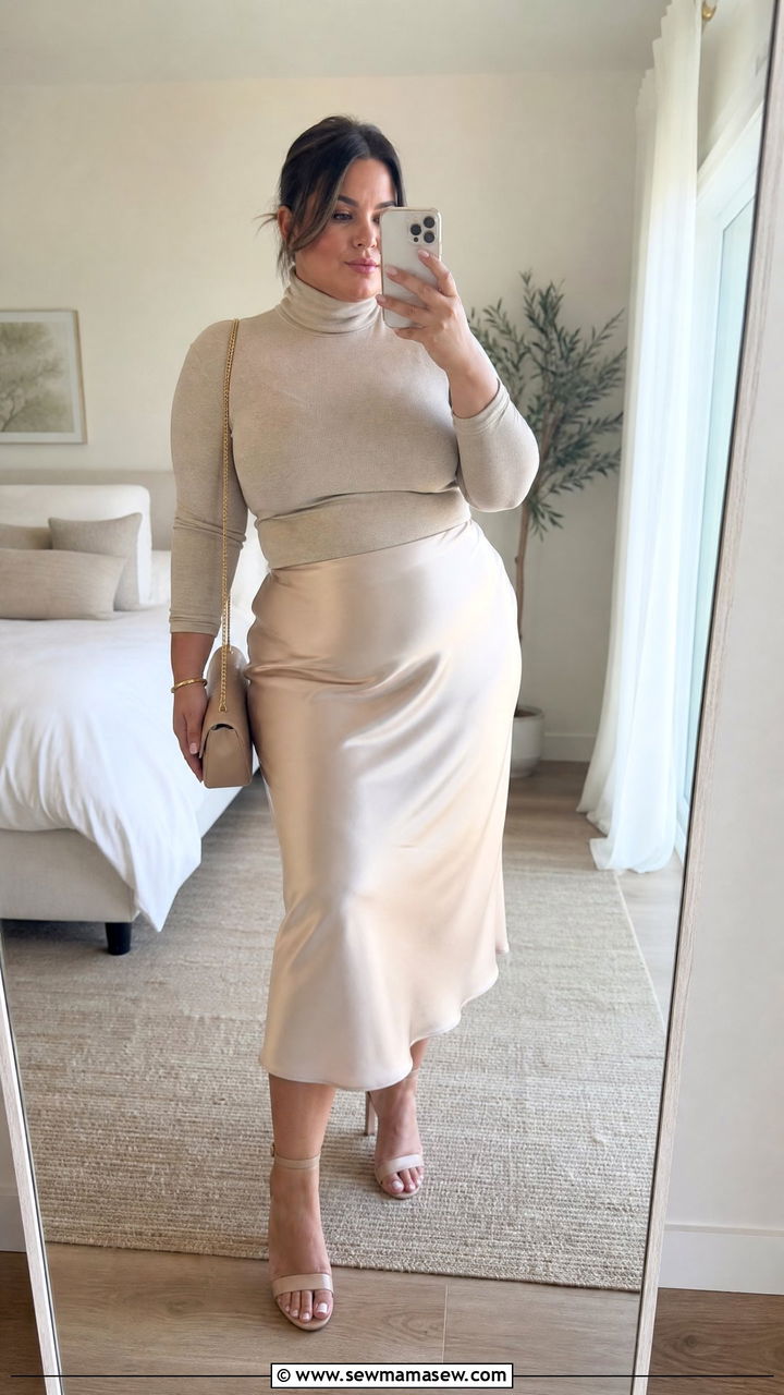 Neutral Turtleneck and Satin Midi Skirt Outfit - 30 Clean girl outfits plus size