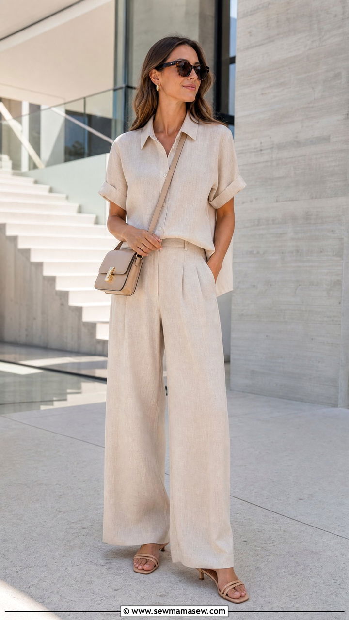 Neutral Two Piece Set And Kitten Heel Sandals - 30 summer quiet luxury outfit ideas