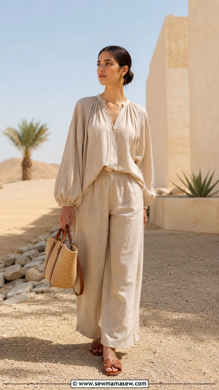 Neutral Two Piece Set With Flat Slides - 25 Modest outfit ideas for desert trip