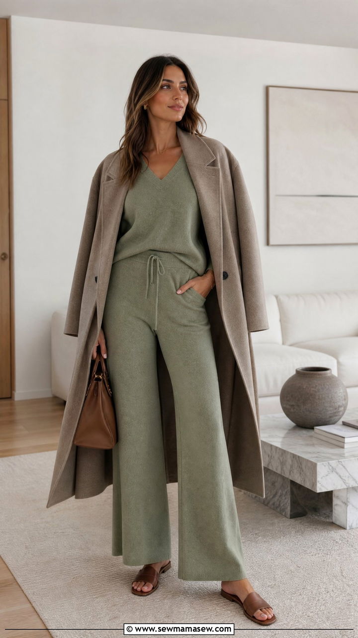 Neutral V Neck Lounge Set with Pants - 30 Matching set outfit ideas old money