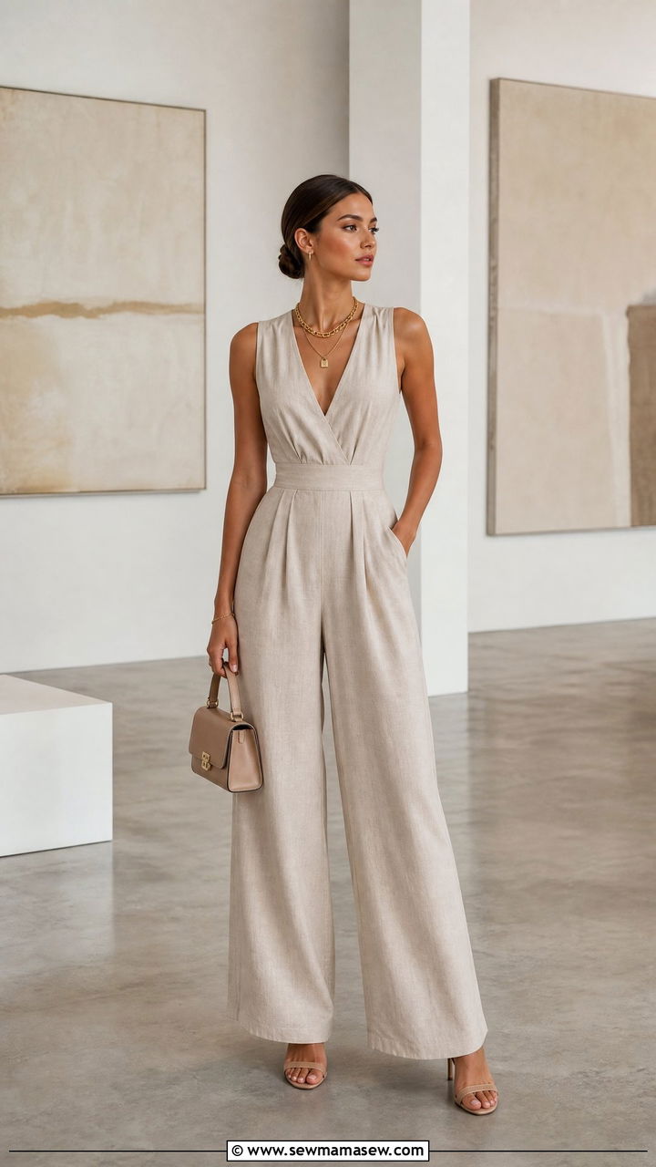 Neutral Wide Leg Jumpsuit - 30 clean girl outfits inspo