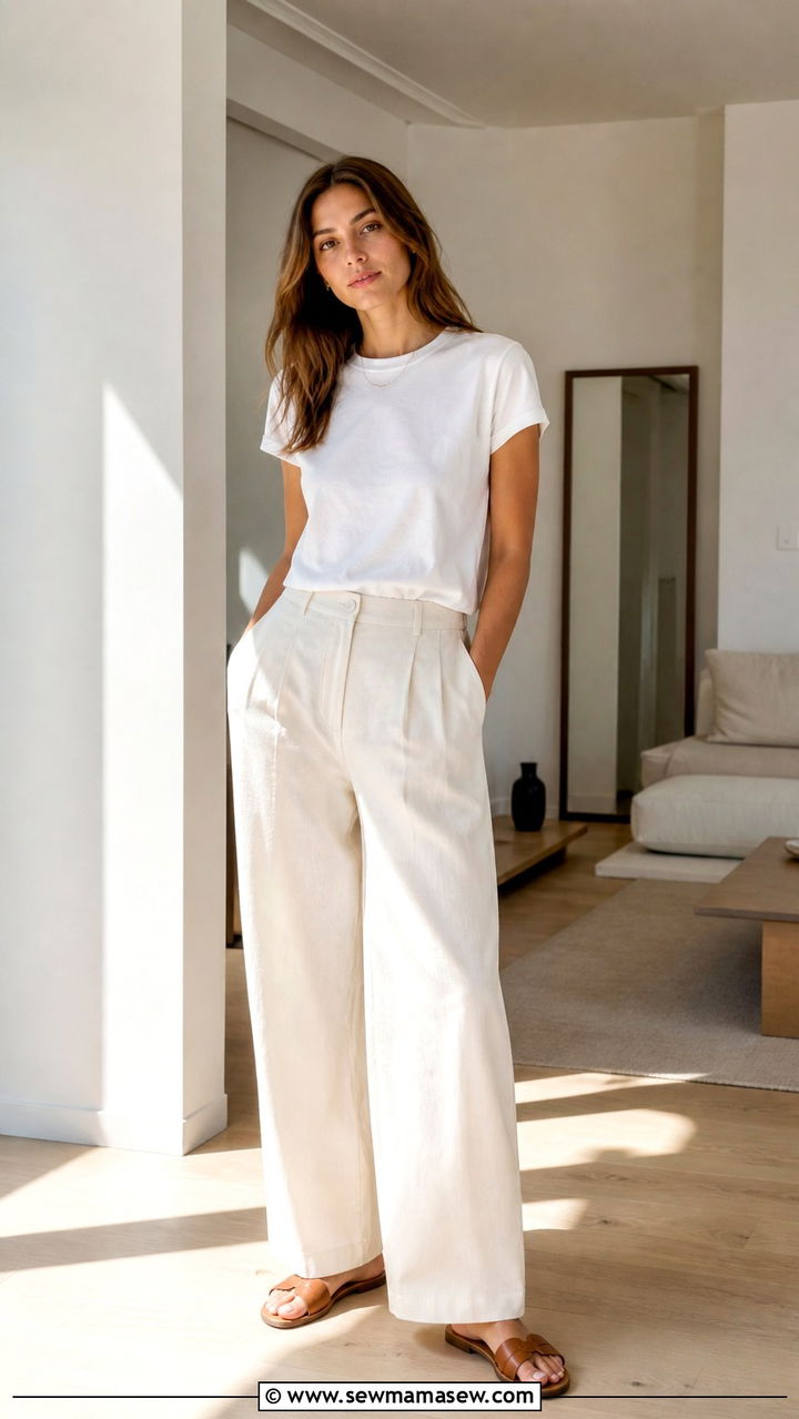 Neutral Wide Leg Pants and a Cotton Crewneck Tee - 40 spring aesthetic outfit ideas