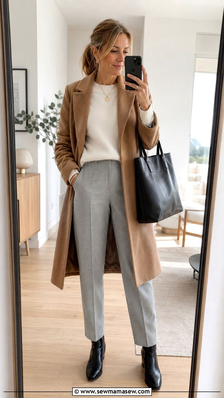 Neutral Wool Coat with Gray Trousers and White Sweater - 30 scandinavian outfit ideas for women over 40