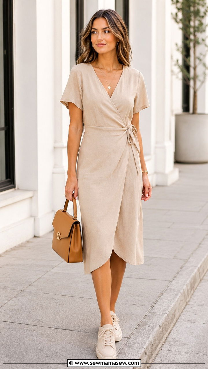 Neutral Wrap Dress With Leather Sneakers - 25 Wrap dress outfit ideas with sneakers