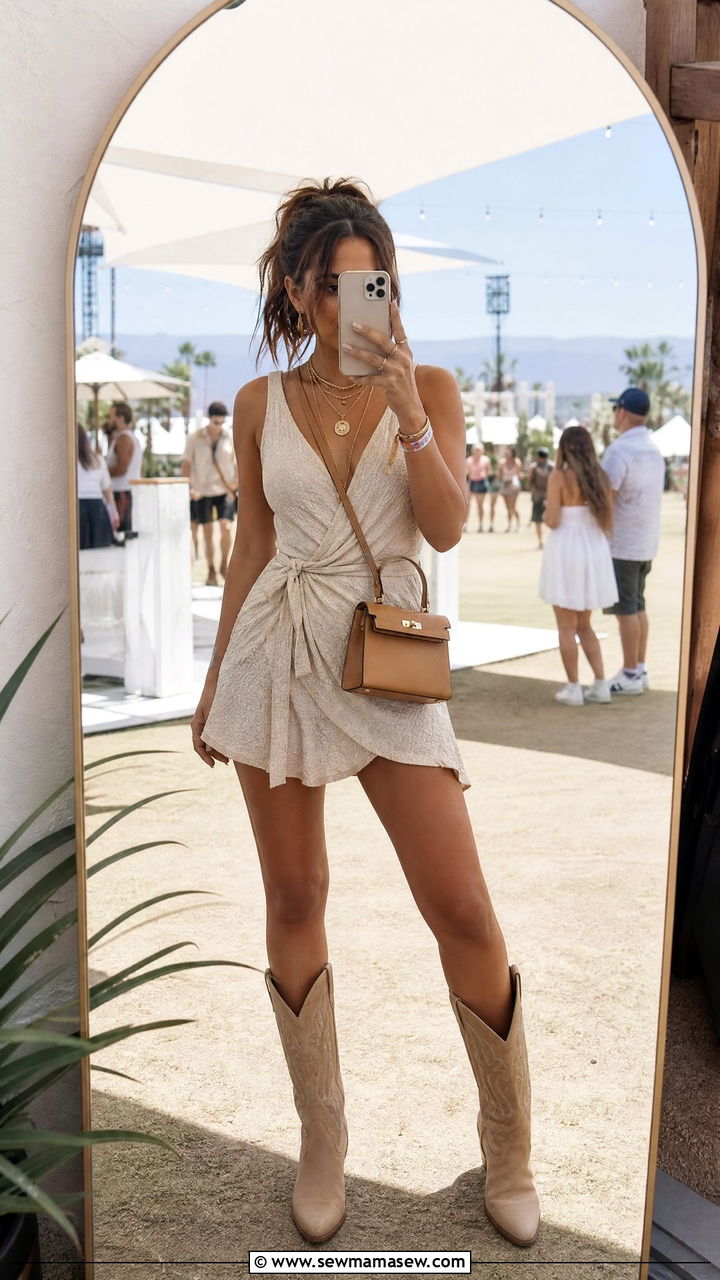 Neutral Wrap Mini Dress with Tan Cowboy Boots - 25 classy Coachella outfits