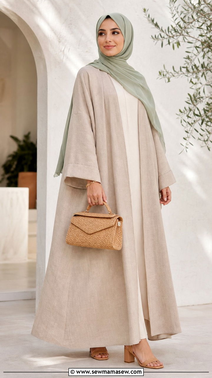 Neutral beige abaya with contrast hijab - 25 Eid outfit ideas with abaya