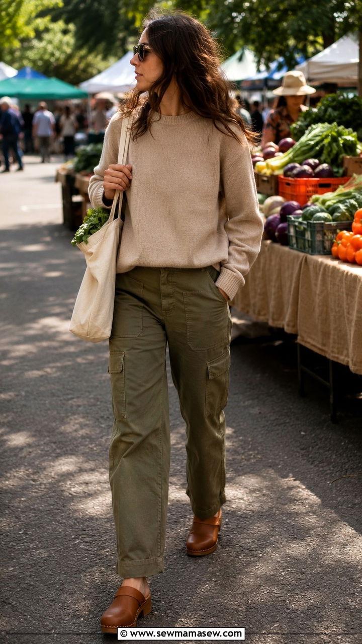 Neutral beige sweater with utility pants - 30 Spring outfits with sweaters