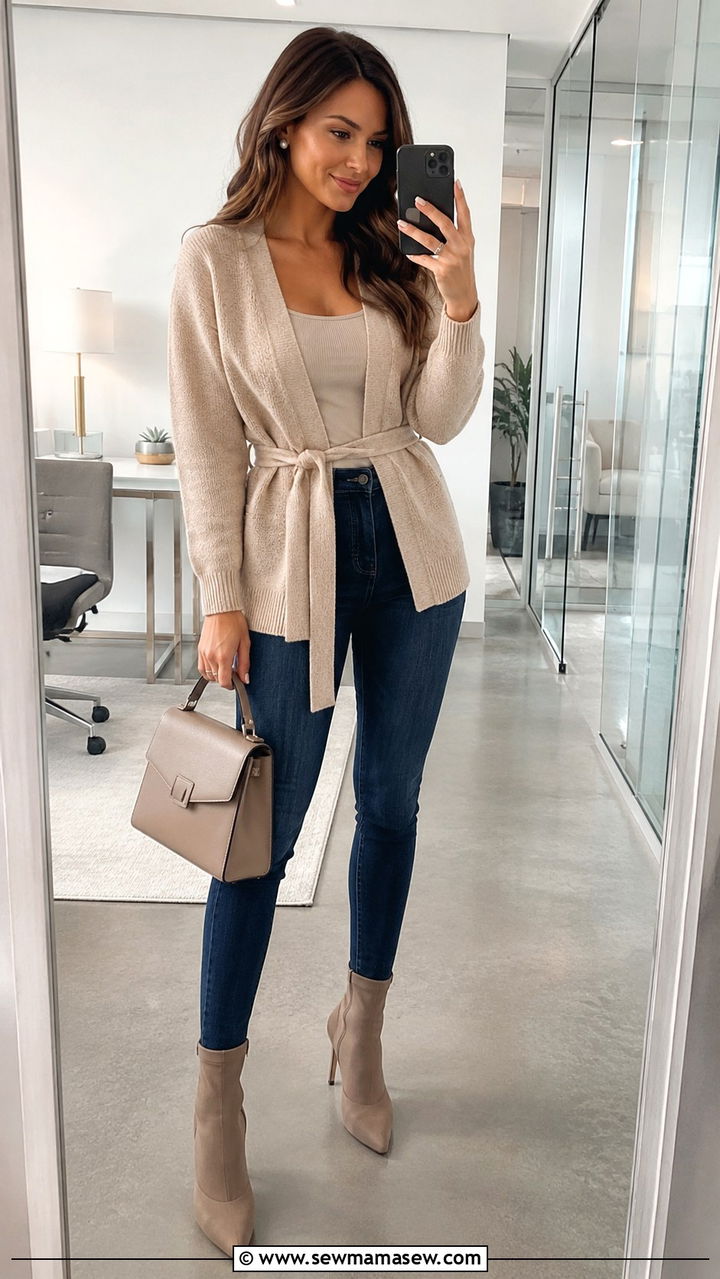 Neutral belted cardigan with high waisted skinny jeans - 30 High waisted jeans outfit ideas with a cardigan