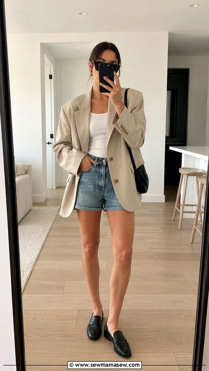 Neutral blazer with denim shorts and loafers spring - 30 Spring minimalist outfits 2026