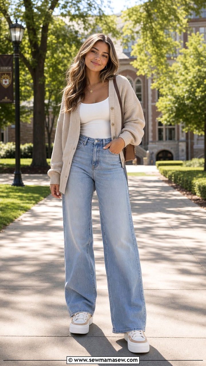 Neutral cardigan over a ribbed tank with wide leg jeans - 25 Study abroad outfit ideas