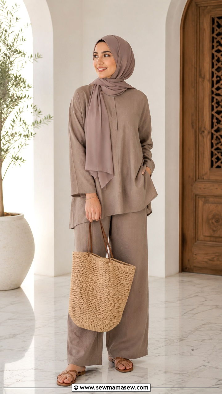 Neutral co ord set for Ramadan - 30 Modest outfit ideas for Ramadan